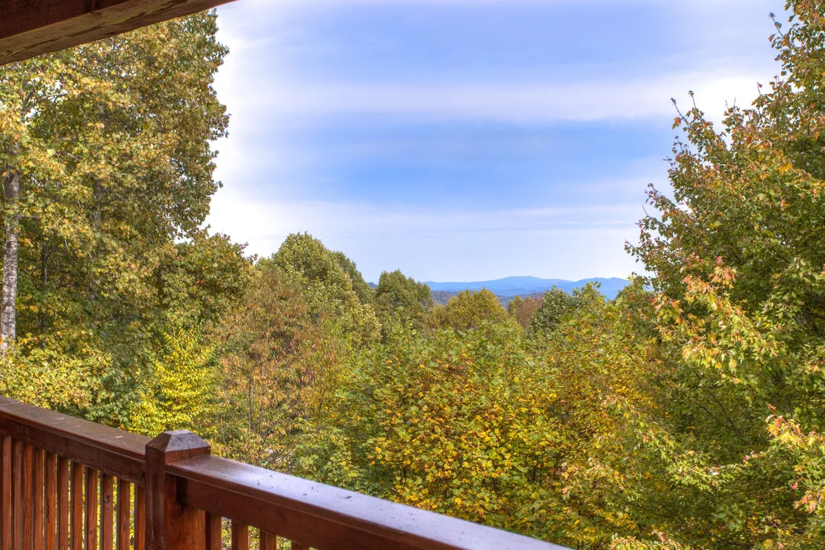 A sweeping view of lush green trees and distant mountains beneath a blue sky, visible from the vantage point of a balcony or deck. The scene evokes tranquility and connection with nature.